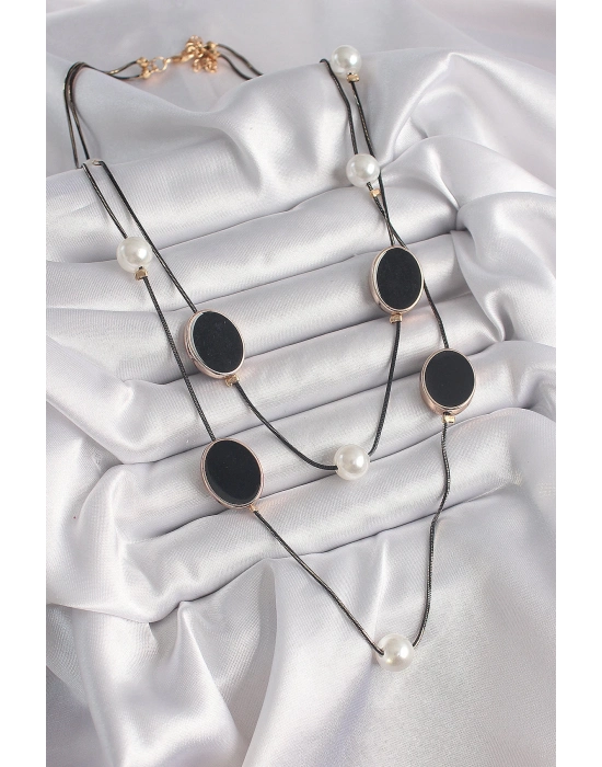 ® Pirinç Siyah Renk Zincir İnci Detaylı Çoklu Kadın Kolye