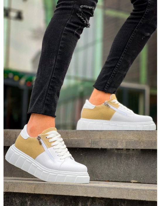 KB-X155  Beyaz Cilt Bej Süet Detaylı Beyaz Yüksek Taban Günlük Spor Ayakkabı