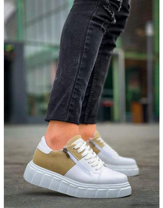 KB-X155  Beyaz Cilt Bej Süet Detaylı Beyaz Yüksek Taban Günlük Spor Ayakkabı