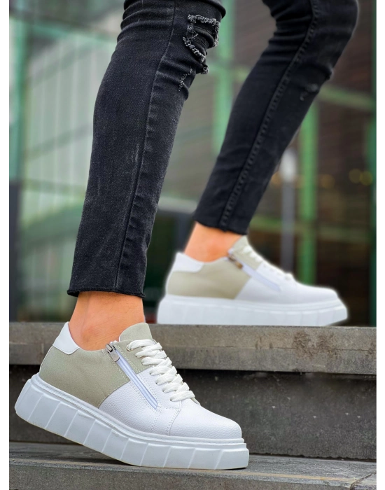 KB-X155  Beyaz Cilt Gri Süet Detaylı Beyaz Yüksek Taban Günlük Spor Ayakkabı