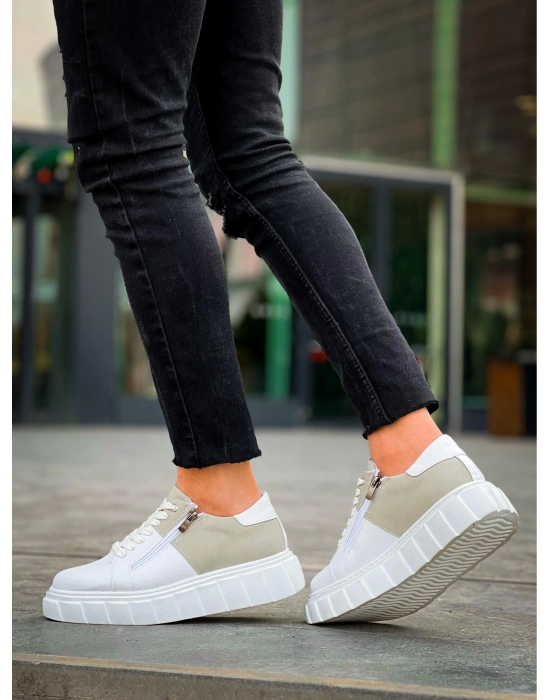 KB-X155  Beyaz Cilt Gri Süet Detaylı Beyaz Yüksek Taban Günlük Spor Ayakkabı