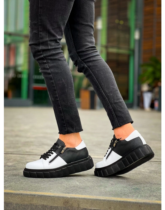 KB-X155  Beyaz Cilt Siyah Cilt Detaylı Siyah Yüksek Taban Günlük Spor Ayakkabı
