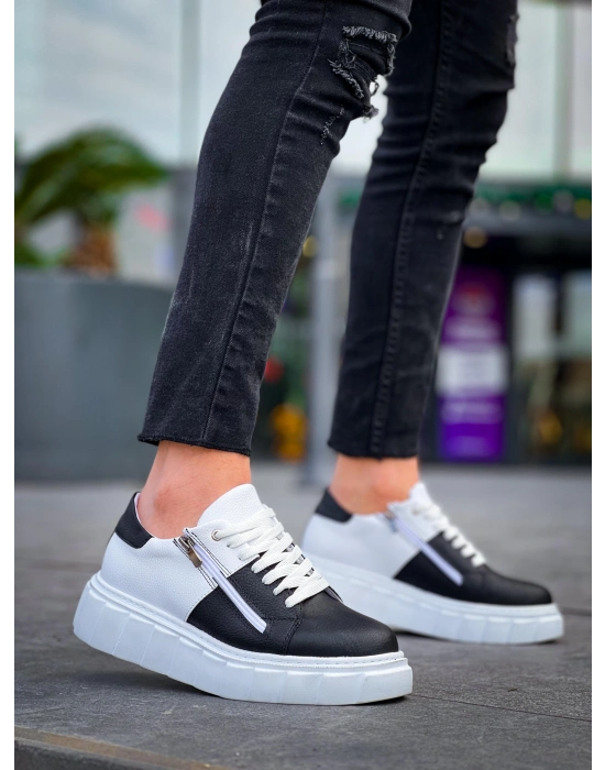 KB-X155  Siyah Cilt Beyaz Cilt Detaylı Beyaz Yüksek Taban Günlük Spor Ayakkabı