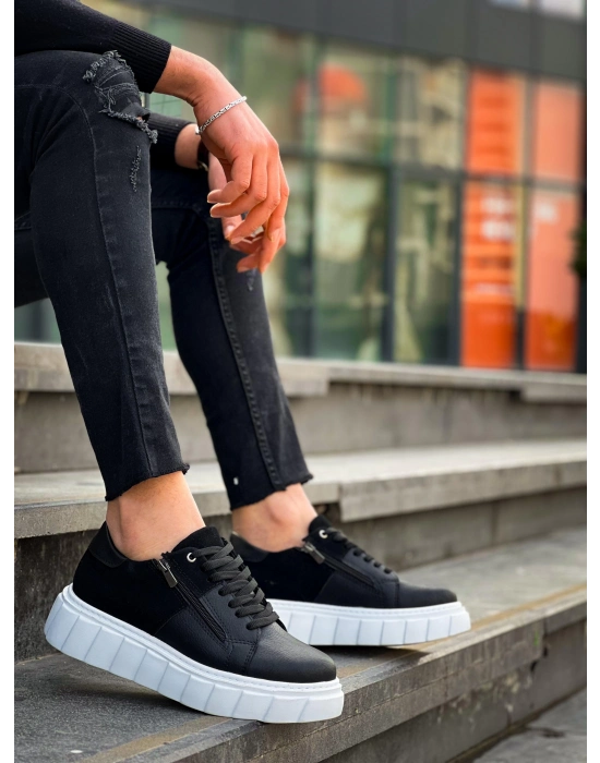 KB-X155  Siyah Cilt Siyah Süet Detaylı Beyaz Yüksek Taban Günlük Spor Ayakkabı