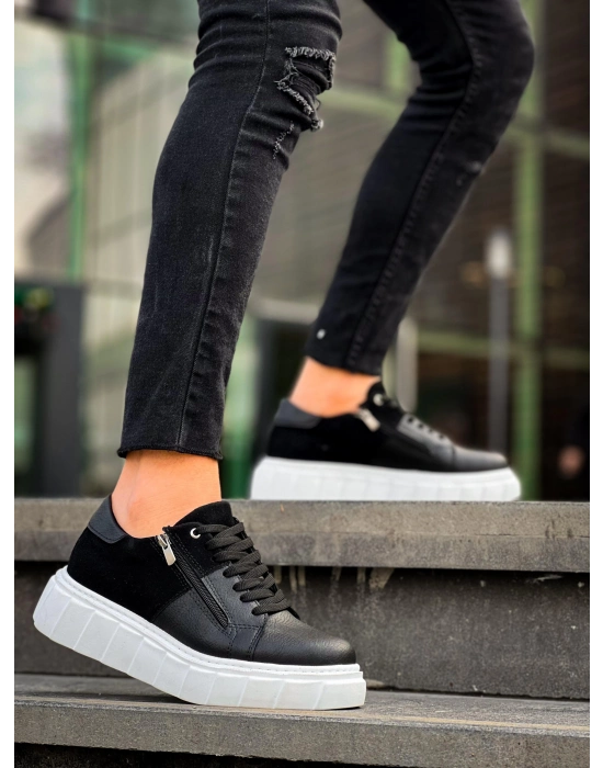 KB-X155  Siyah Cilt Siyah Süet Detaylı Beyaz Yüksek Taban Günlük Spor Ayakkabı