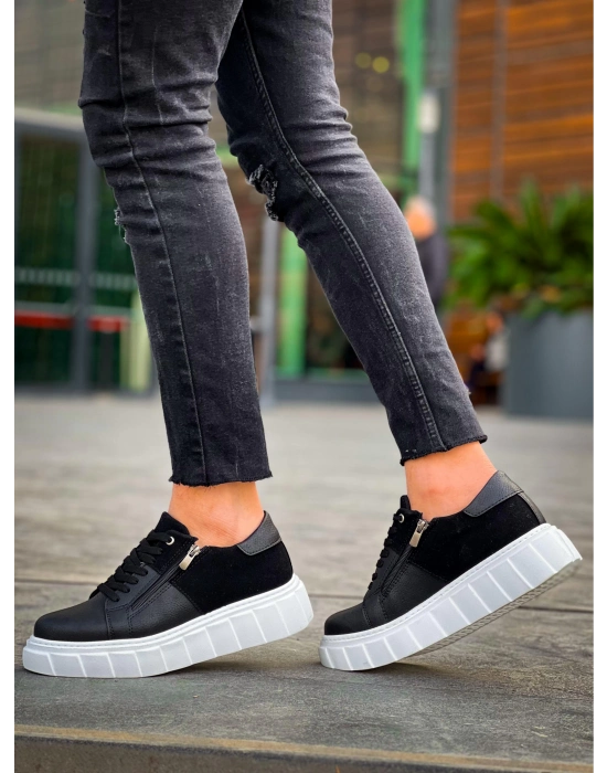 KB-X155  Siyah Cilt Siyah Süet Detaylı Beyaz Yüksek Taban Günlük Spor Ayakkabı