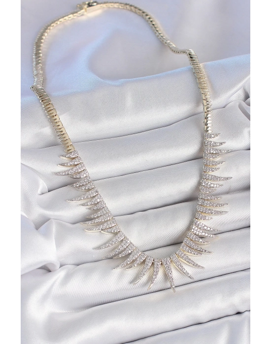 Pirinç Gold Renk Zirkon Taşlı Sivri Model VIP Seri Kadın Kolye