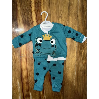 3-12 aylık kurbağa desenli üçlü takım koyumavi