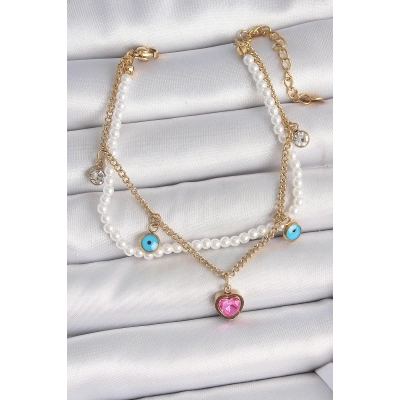 316L Çelik Gold Renk 2Li İncili Zincir Sallantı Pembe Kalp Model Nazar Boncuk Detay Kadın Bileklik