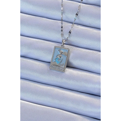316L Çelik Zincir Gümüş Renk Mavi Mineli Tarot Kolye