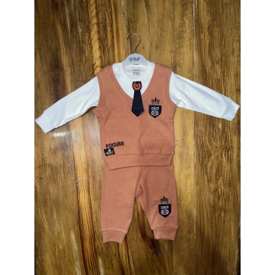 6-24 aylık kravatlı üçlü takım kahve