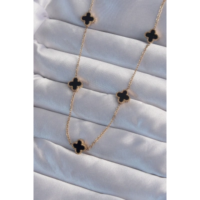 ÇOK SATAN 316L Çelik Gold Renk Minimal Siyah Mineli Yonca Kolye