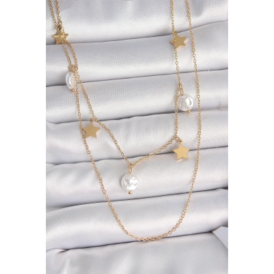 BFS 316L Çelik Gold Renk 2Li Zincir Sallantı Yıldız İnci Model Kadın Kolye