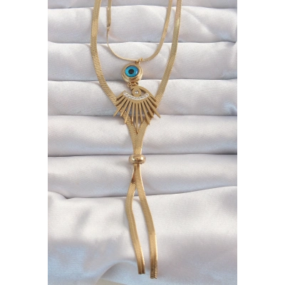 BFS 316L Çelik Gold Renk Zirkon Taşlı Göz Detay Nazarlı Uzun Asansör Model Kolye