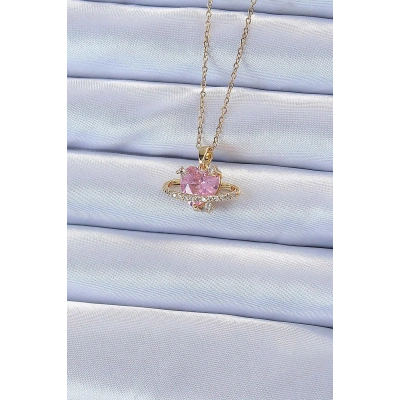 BFS 316L Çelik Zincir Altın Renk Pembe Zirkon Taşlı Satürn Görünümlü Kalp Kolye