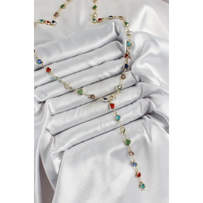 BFS Pirinç Gold Renk Karışık Renk Zirkon Taşlı Kalpli Y Kadın Kolye