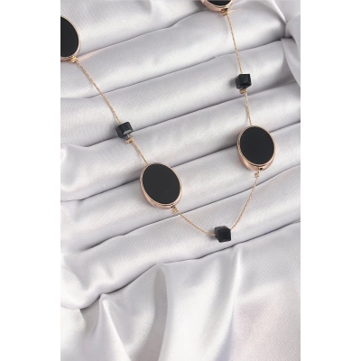 BFS Pirinç Gold Renk Siyah Renk Oval Siyah Küp Detay Kadın Kolye