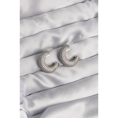 BFS Pirinç Gümüş Renk Zirkon Taşlı Yarım Halka Küpe