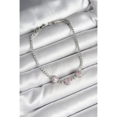 BFS Pirinç Sıralı Pembe Kalp Figürlü Zirkon Taşlı Gümüş Renk Kadın Bileklik