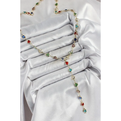 ÇOK SATAN Pirinç Gold Renk Karışık Renk Zirkon Taşlı Kalpli Y Kadın Kolye