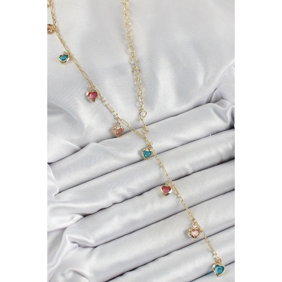 Pirinç Asorti Kalp Model Gold Renk Zirkon Taşlı Y Kolye