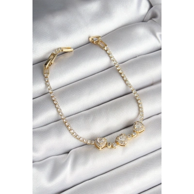 Pirinç Sıralı Kalp Figürlü Zirkon Taşlı Gold Renk Kadın Bileklik