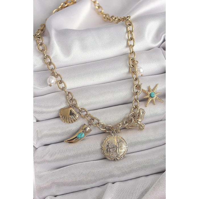 316L Çelik Gold Renk Zincir Sallantılı Çoklu Figür Model Kadın Kolye