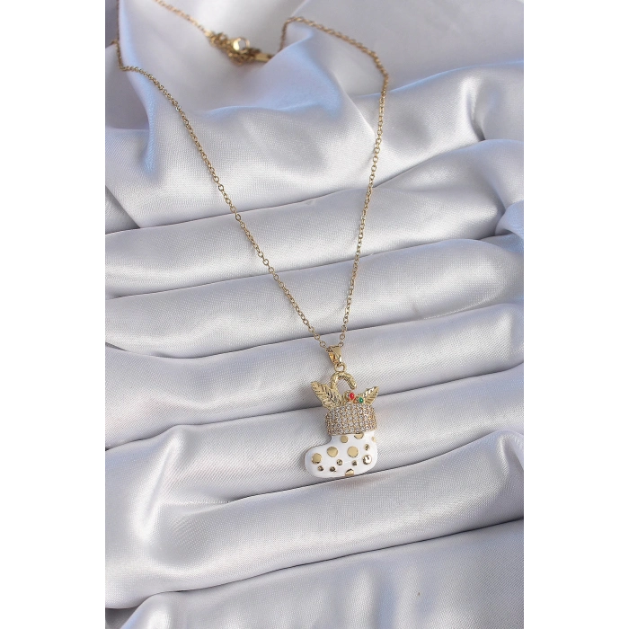 316L Çelik Gold Renk Zincir Zirkon Taşlı Yılbaşı Temalı Noel Çorabı Figür Kadın Kolye