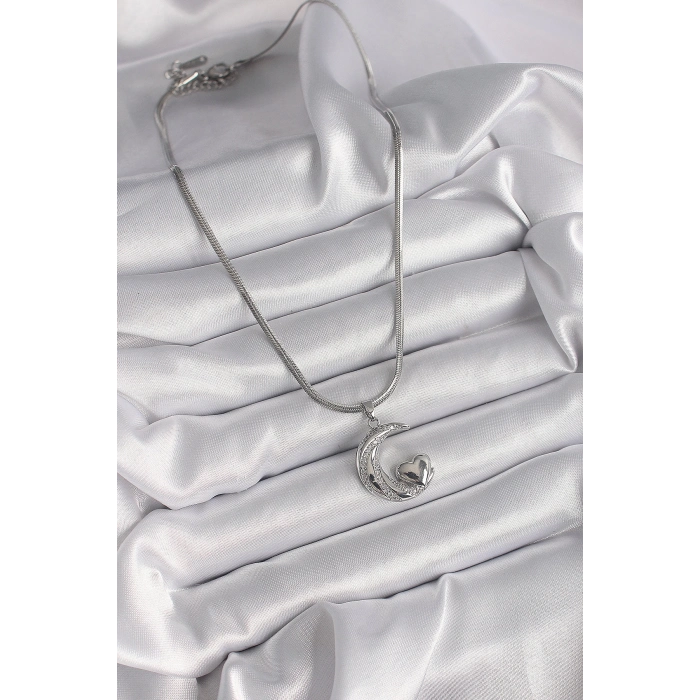 316L Çelik Gümüş Renk İtalyan Zincir Zirkon Taşlı Halil Figür Kalp Detay Kadın Kolye