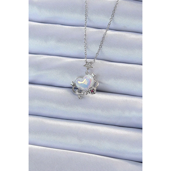 316L Çelik Zincir Gümüş Renk Zirkon Taşlı Gezegen Görünümlü Kalp Kolye