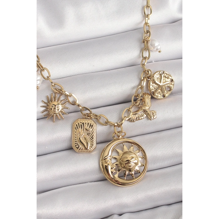 ÇOK SATAN BFS 316L Çelik Gold Renk Halka Zincir Sallantı Ay Güneş Figür Kuş Detay Kadın Kolye