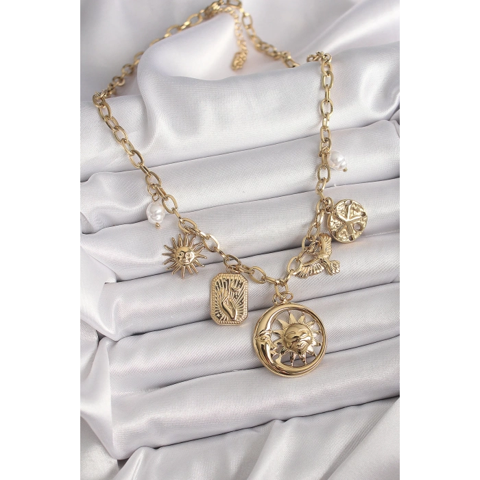 ÇOK SATAN BFS 316L Çelik Gold Renk Halka Zincir Sallantı Ay Güneş Figür Kuş Detay Kadın Kolye