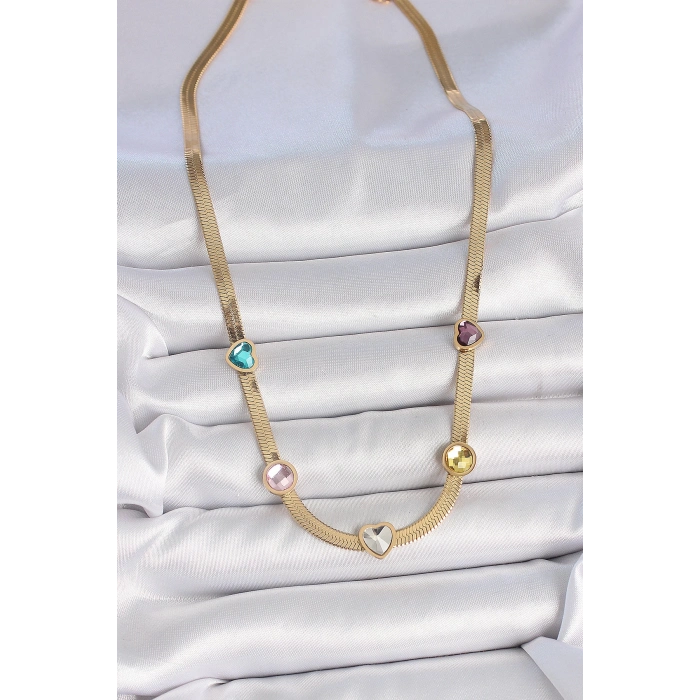 ÇOK SATAN BFS 316L Çelik Gold Renk İtalyan Zincir Renkli Zirkon Taşlı Kalp Figür Kadın Kolye