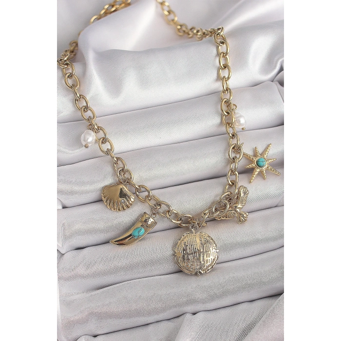 ÇOK SATAN BFS 316L Çelik Gold Renk Zincir Sallantılı Çoklu Figür Model Kadın Kolye