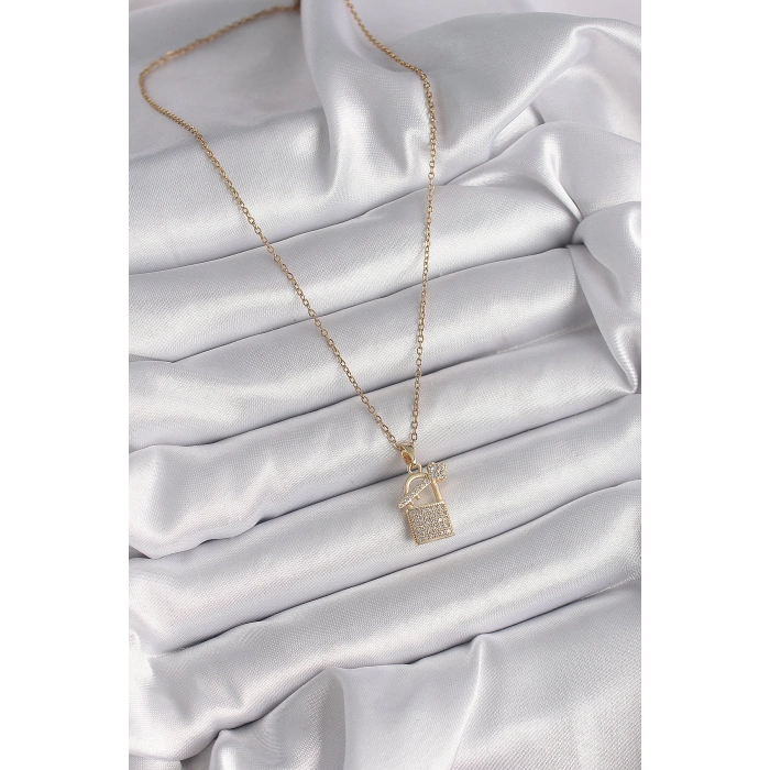 ÇOK SATAN BFS 316L Çelik Gold Renk Zincir Zirkon Taşlı Asma Kilit Anahtar Model Kadın Kolye