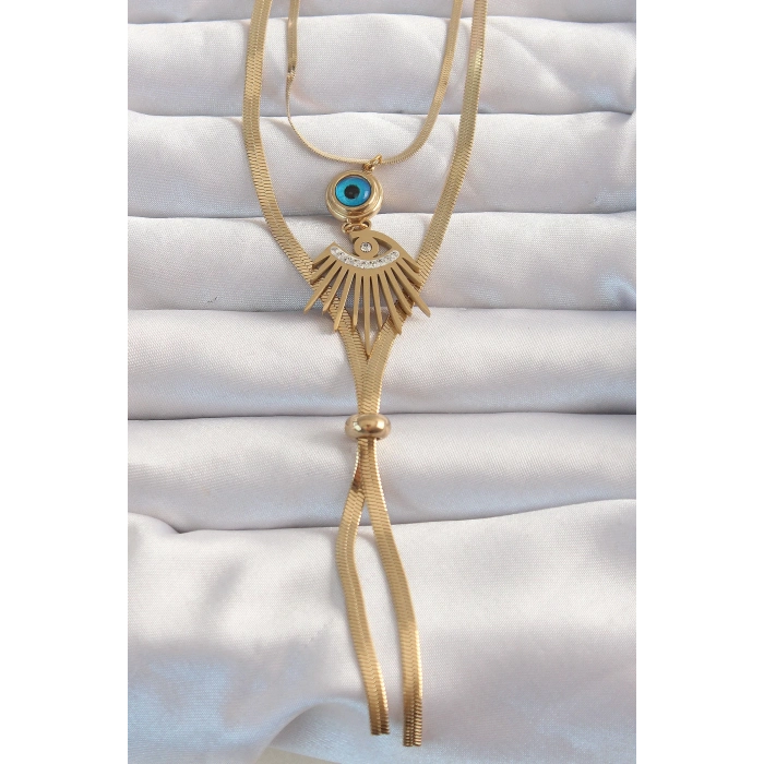 ÇOK SATAN BFS 316L Çelik Gold Renk Zirkon Taşlı Göz Detay Nazarlı Uzun Asansör Model Kolye