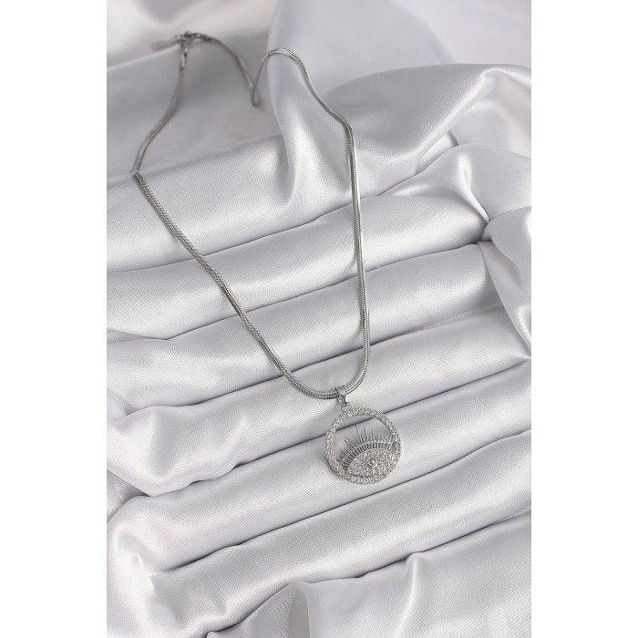 ÇOK SATAN BFS 316L Çelik Gümüş Renk İtalyan Zincir Zirkon Taşlı Göz Model Kadın Kolye