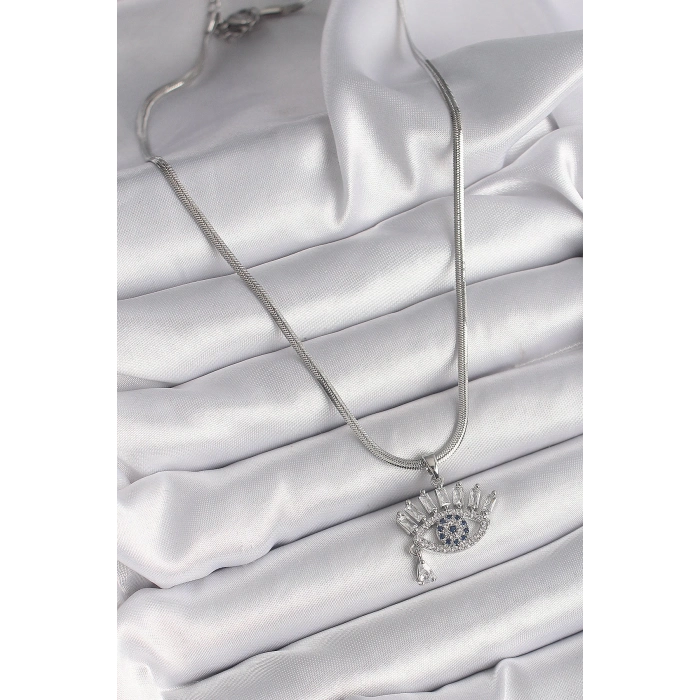 ÇOK SATAN BFS 316L Çelik Gümüş Renk İtalyan Zincir Zirkon Taşlı Göz Model Kadın Kolye