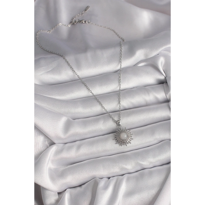 ÇOK SATAN BFS 316L Çelik Gümüş Renk Zincir Beyaz Mineli Güneş Model Kadın Kolye