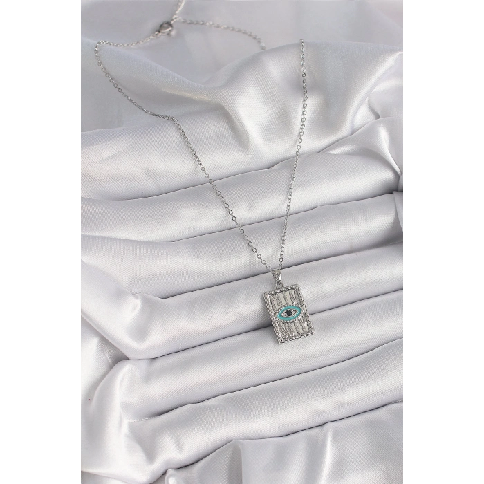 ÇOK SATAN BFS 316L Çelik Gümüş Renk Zirkon Taşlı Göz İşleme Detaylı Plaka Model Kadın Kolye