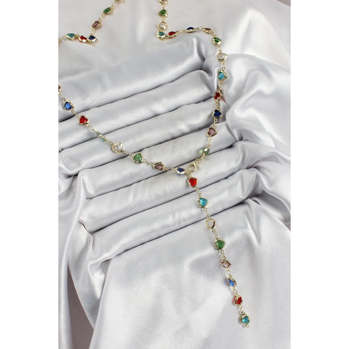 ÇOK SATAN BFS Pirinç Gold Renk Karışık Renk Zirkon Taşlı Kalpli Y Kadın Kolye