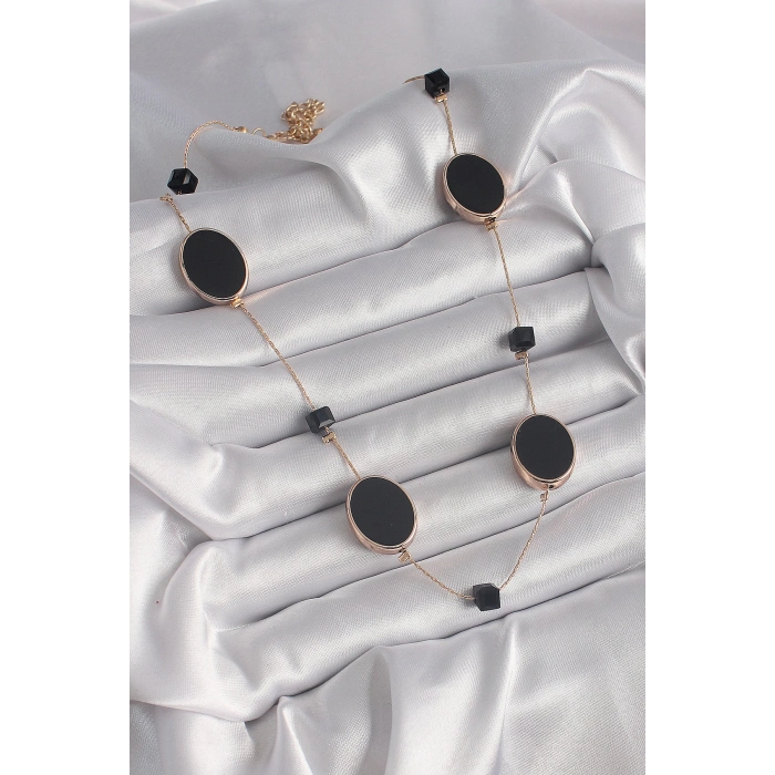 ÇOK SATAN BFS Pirinç Gold Renk Siyah Renk Oval Siyah Küp Detay Kadın Kolye