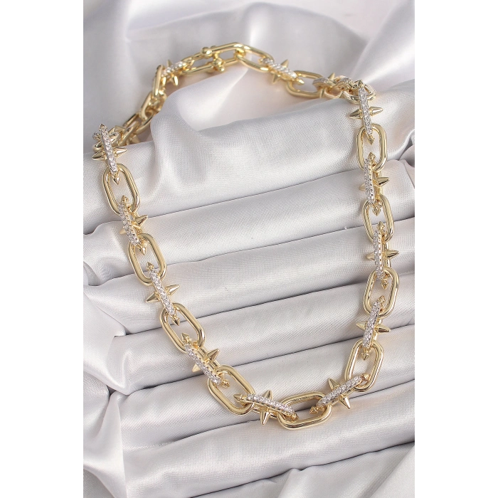 ÇOK SATAN BFS Pirinç Gold Renk Zirkon Taşlı Dikenli Halka Model VIP Exculusive Seri Kadın Kolye