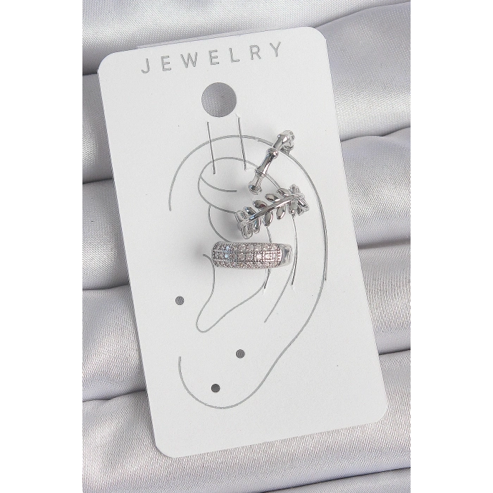 ÇOK SATAN BFS Pirinç Gümüş Renk Zirkon Taşlı 3Lü Model Yaprak Figür Kadın Kıkırdak Küpe