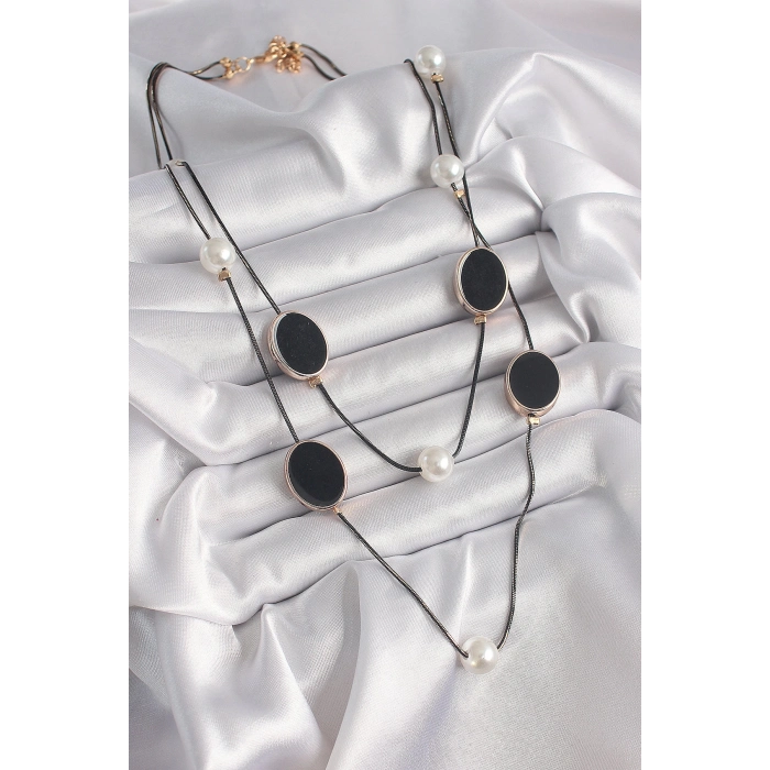 ÇOK SATAN BFS Pirinç Siyah Renk Zincir İnci Detaylı Çoklu Kadın Kolye