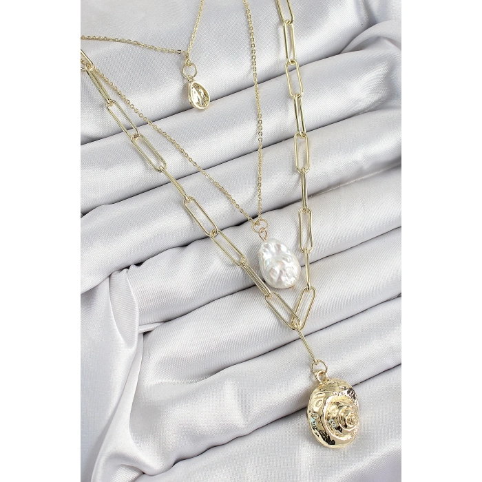 ÇOK SATAN Pirinç Çoklu Zincirli İncili Deniz Kabuğu Model Gold Renk Kadın Kolye