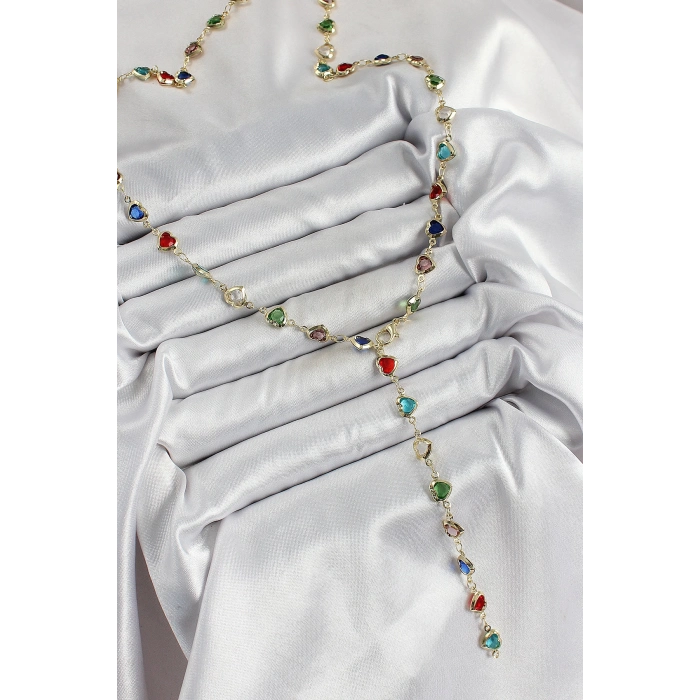 ÇOK SATAN Pirinç Gold Renk Karışık Renk Zirkon Taşlı Kalpli Y Kadın Kolye