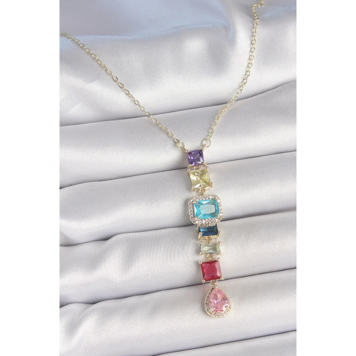 Gold Karışık Renk Zirkon Taşlı Y Pirinç Kolye