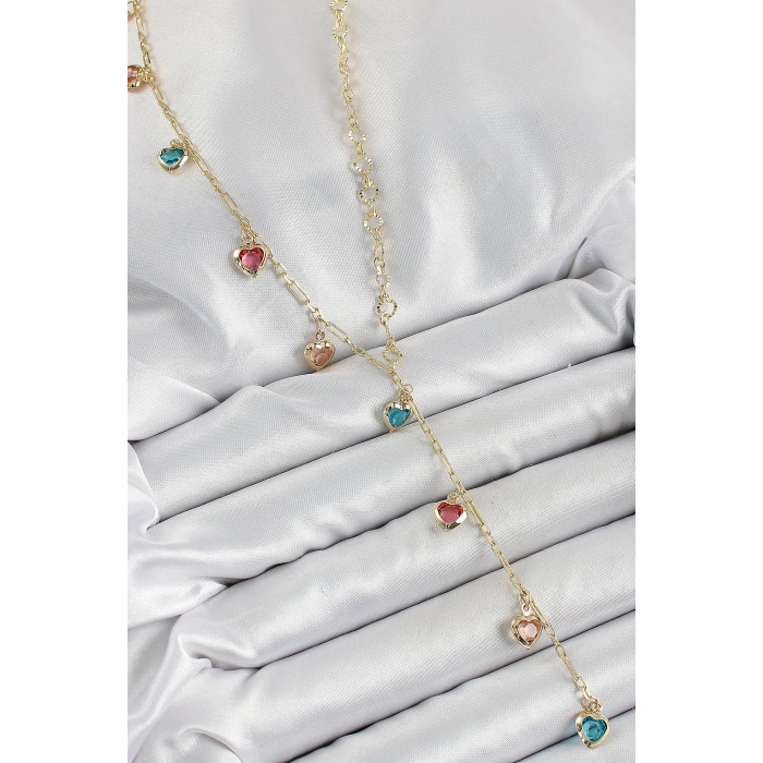 Pirinç Asorti Kalp Model Gold Renk Zirkon Taşlı Y Kolye