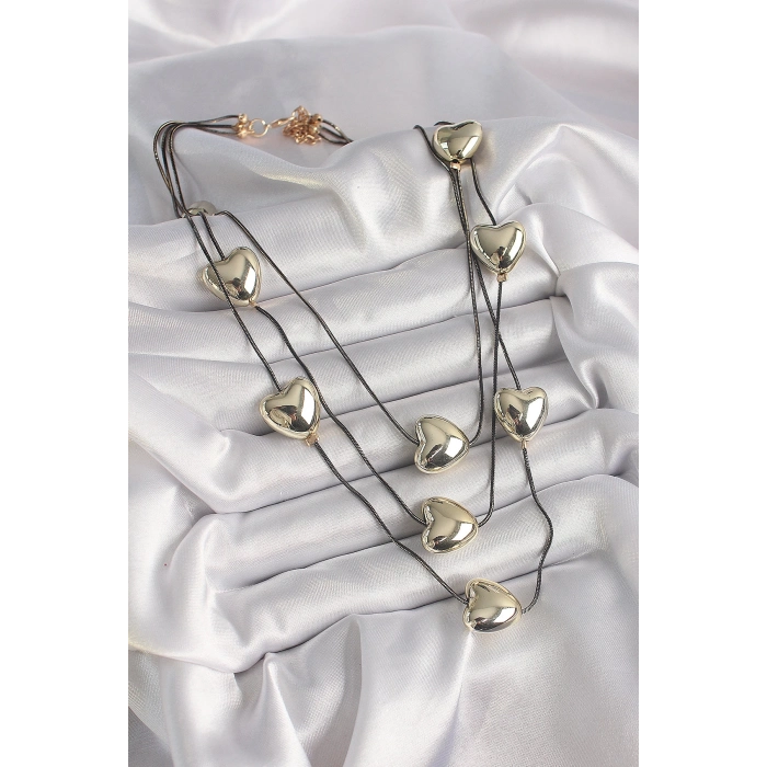 Pirinç Füme Renk Zincir 3D Gold Renk Kalp Model Kadın Kolye